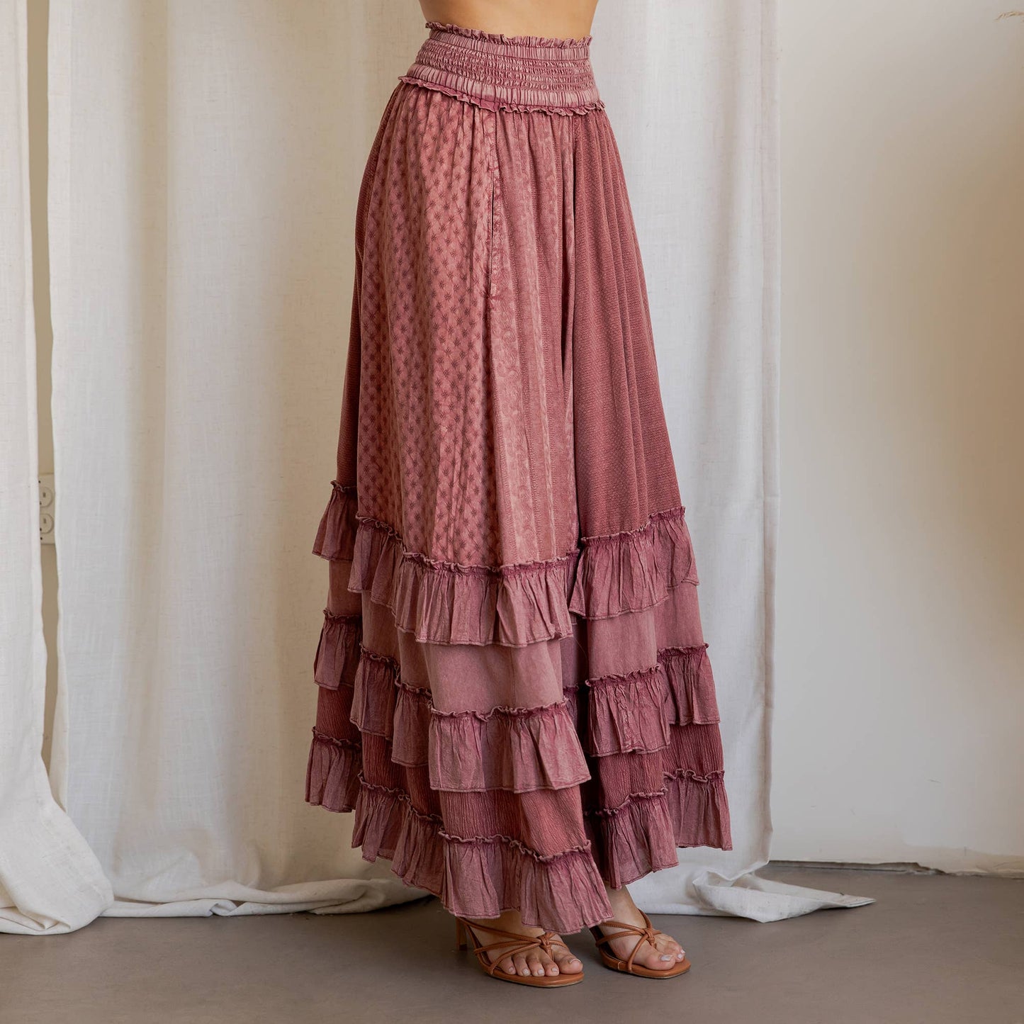 Rustic Textured Smocked Waist Ruffled Tiered Maxi Skirt