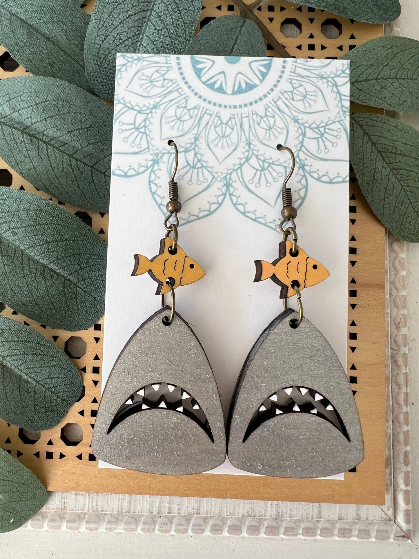 Shark Hand painted lightweight maple wood hoop earrings  