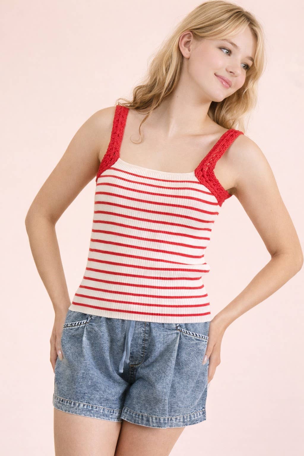 Crochet Sleeve Striped Knit Tank Top