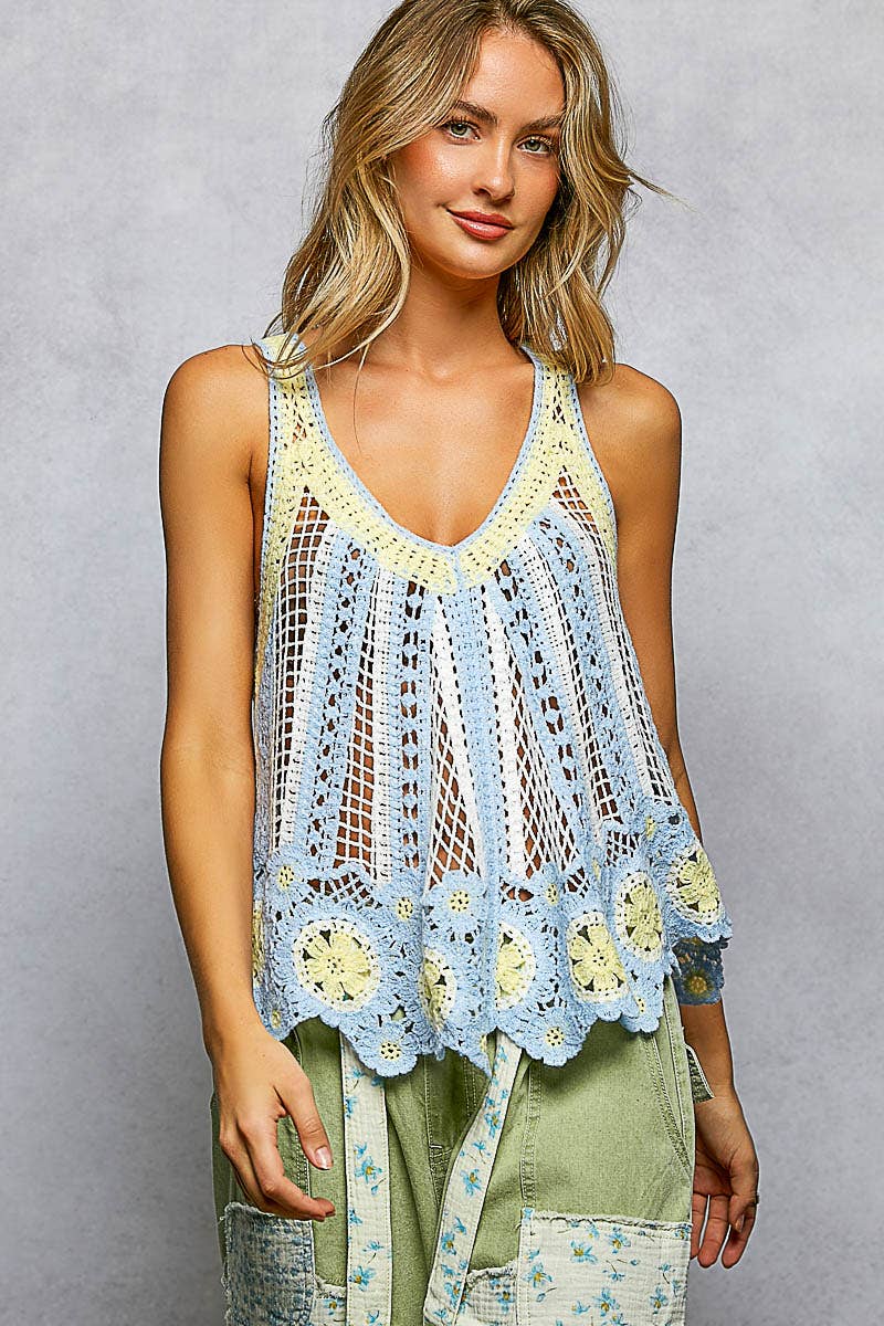 V-Neck Sleeveless Scalloped Edge Stripe Border Crochet Top