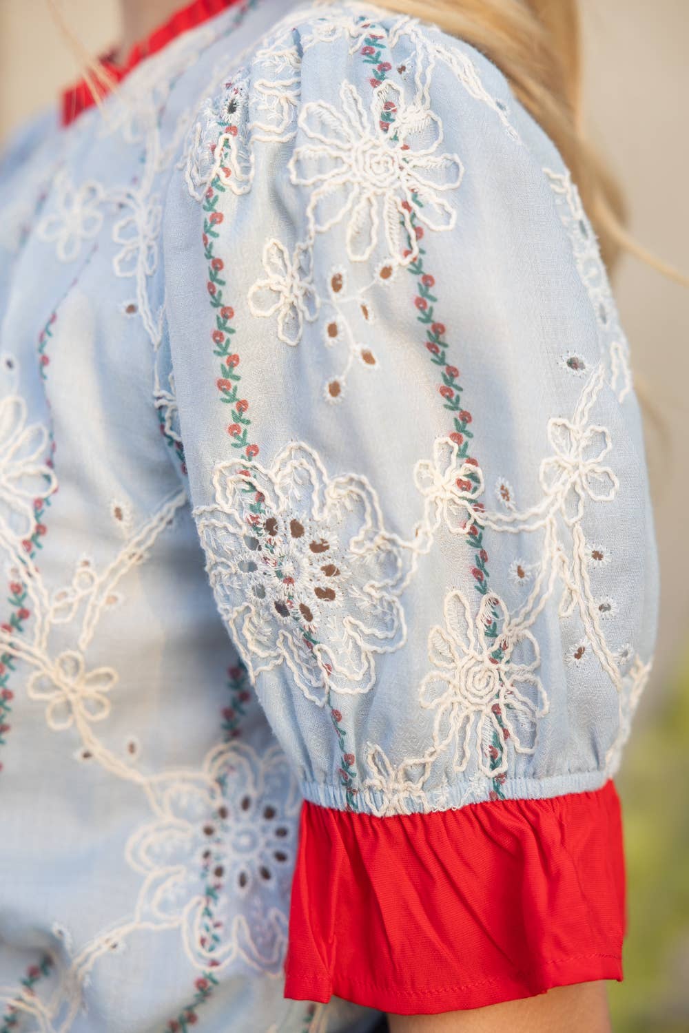 36279 Ruffled Detail Floral Eyelet Embroidered Top