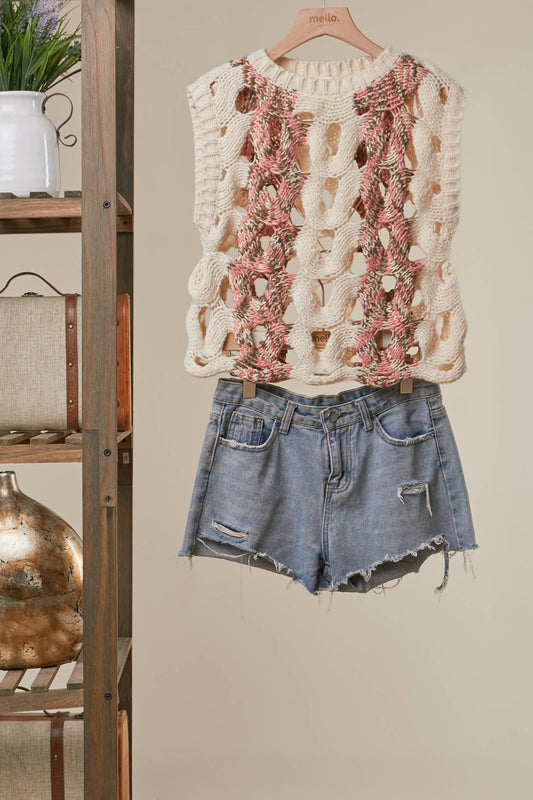 Crochet Knit Top with Floral Appliqué Detailing.