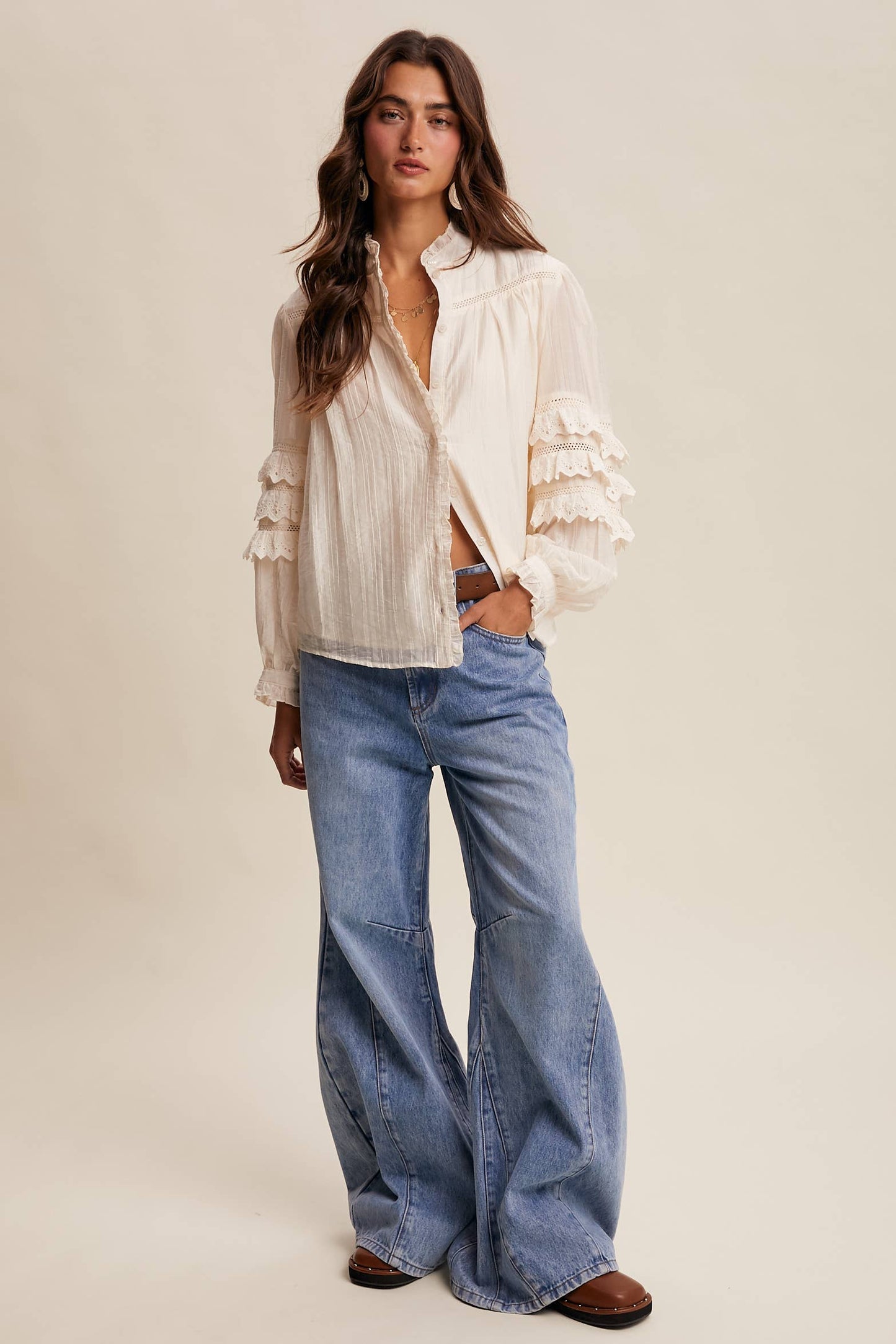 Lace Ruffle Sleeve Pintuck Blouse LT1441