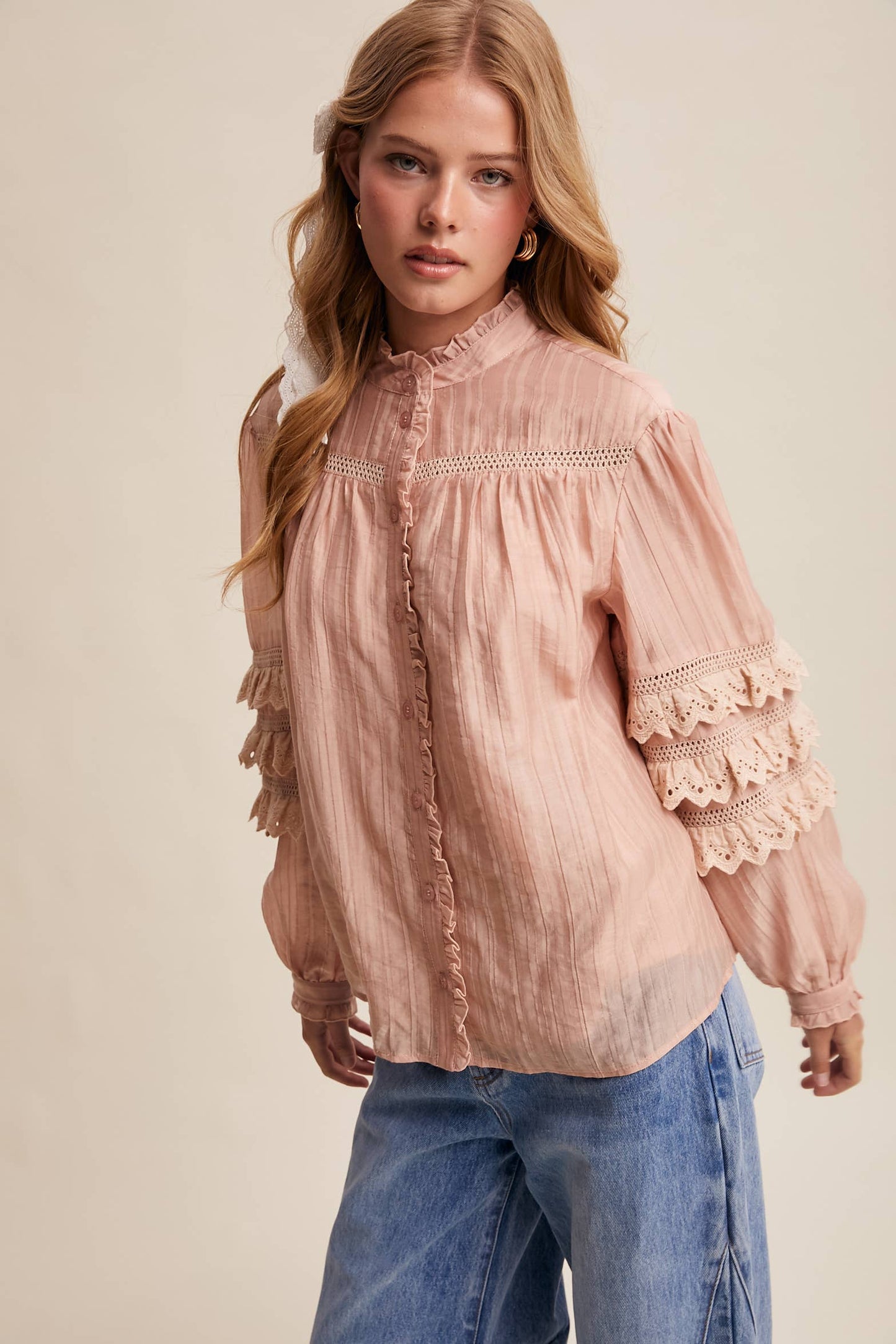 Lace Ruffle Sleeve Pintuck Blouse LT1441