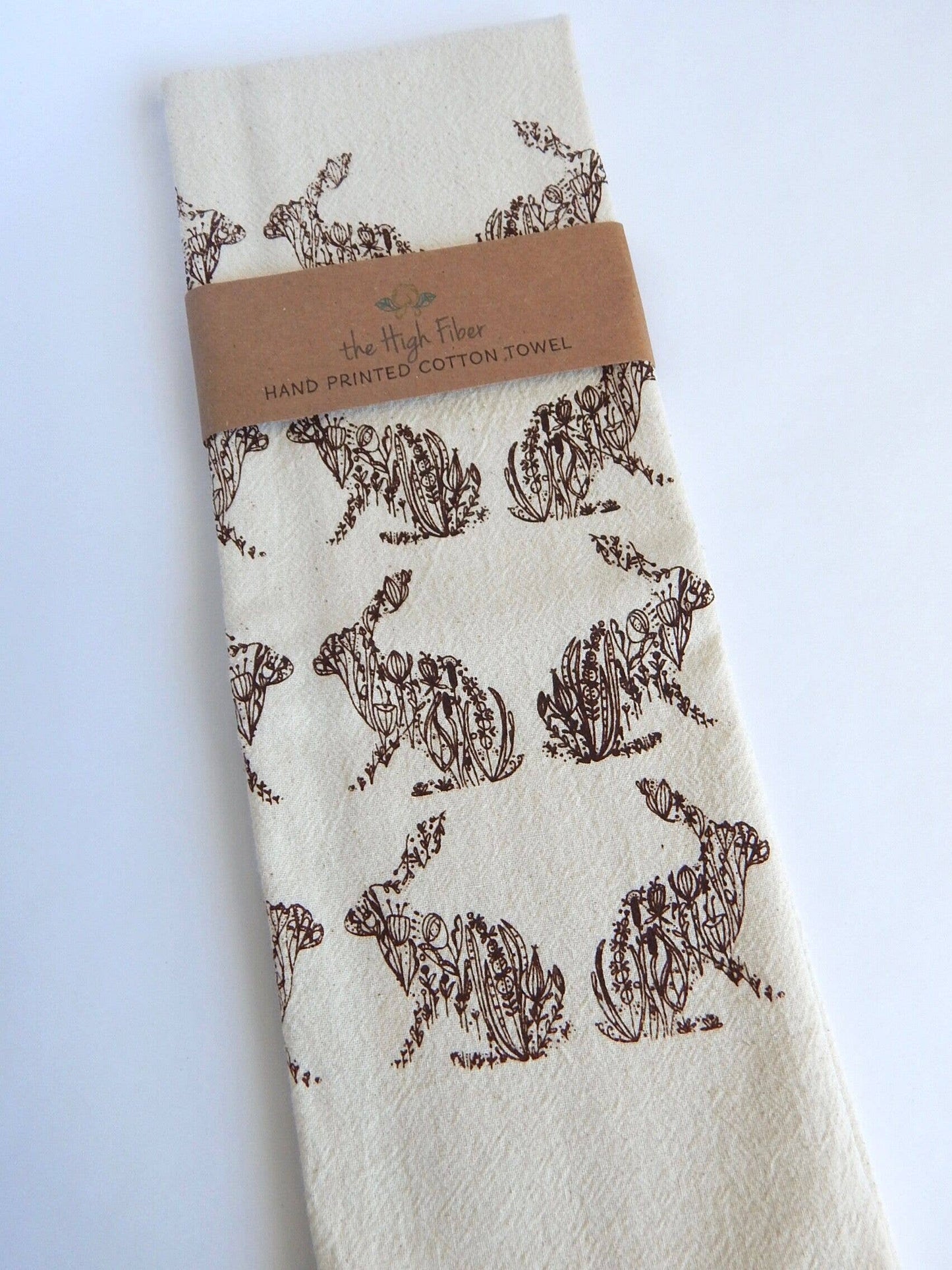 Rabbit Kitchen Towel, Floral Rabbit Tea Towel, Brown