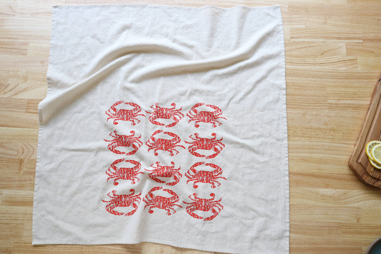 Crab Handprinted Kitchen Towel, Coastal Tea Towel, Blue Crab