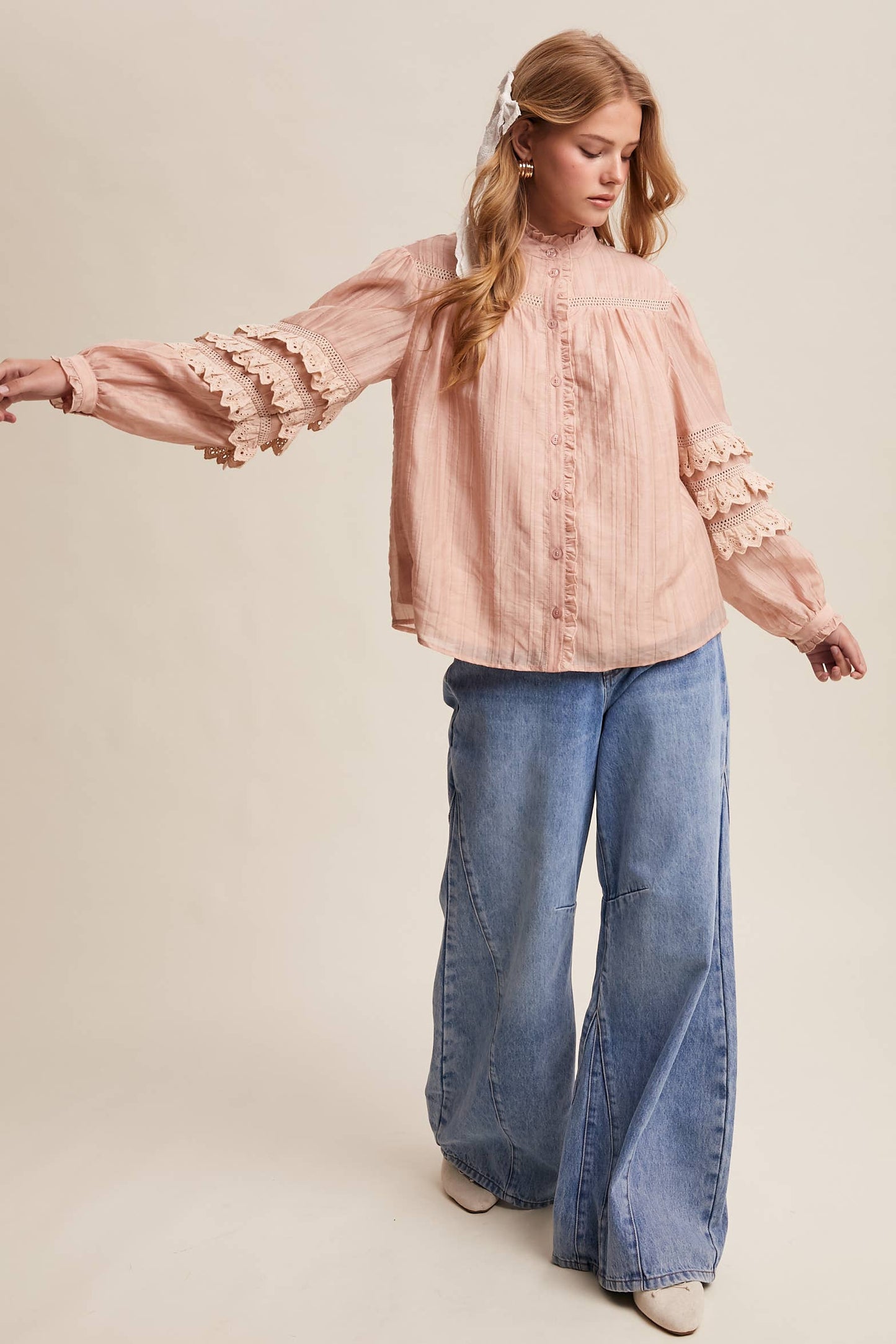 Lace Ruffle Sleeve Pintuck Blouse LT1441