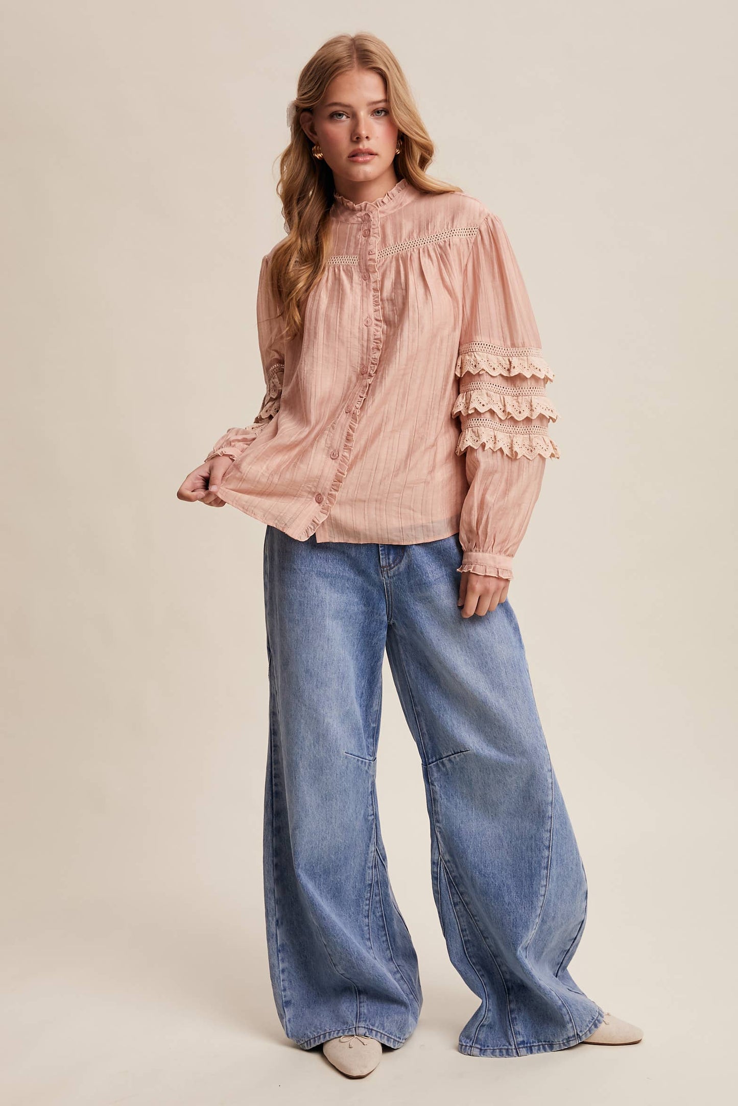 Lace Ruffle Sleeve Pintuck Blouse LT1441
