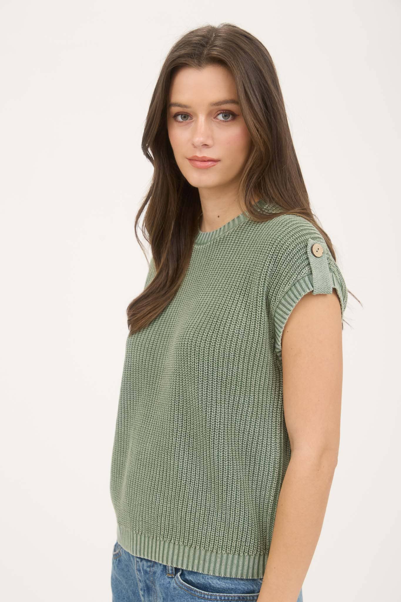 WASHED KNIT SHORT TAB SLEEVE PULLOVER SWEATER