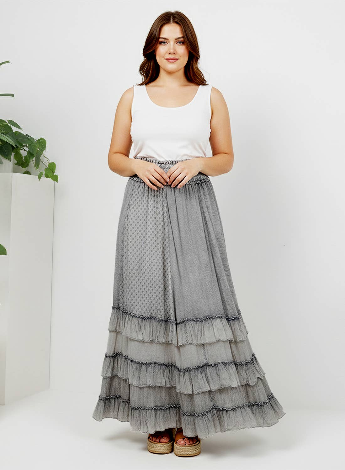 Rustic Textured Smocked Waist Ruffled Tiered Maxi Skirt