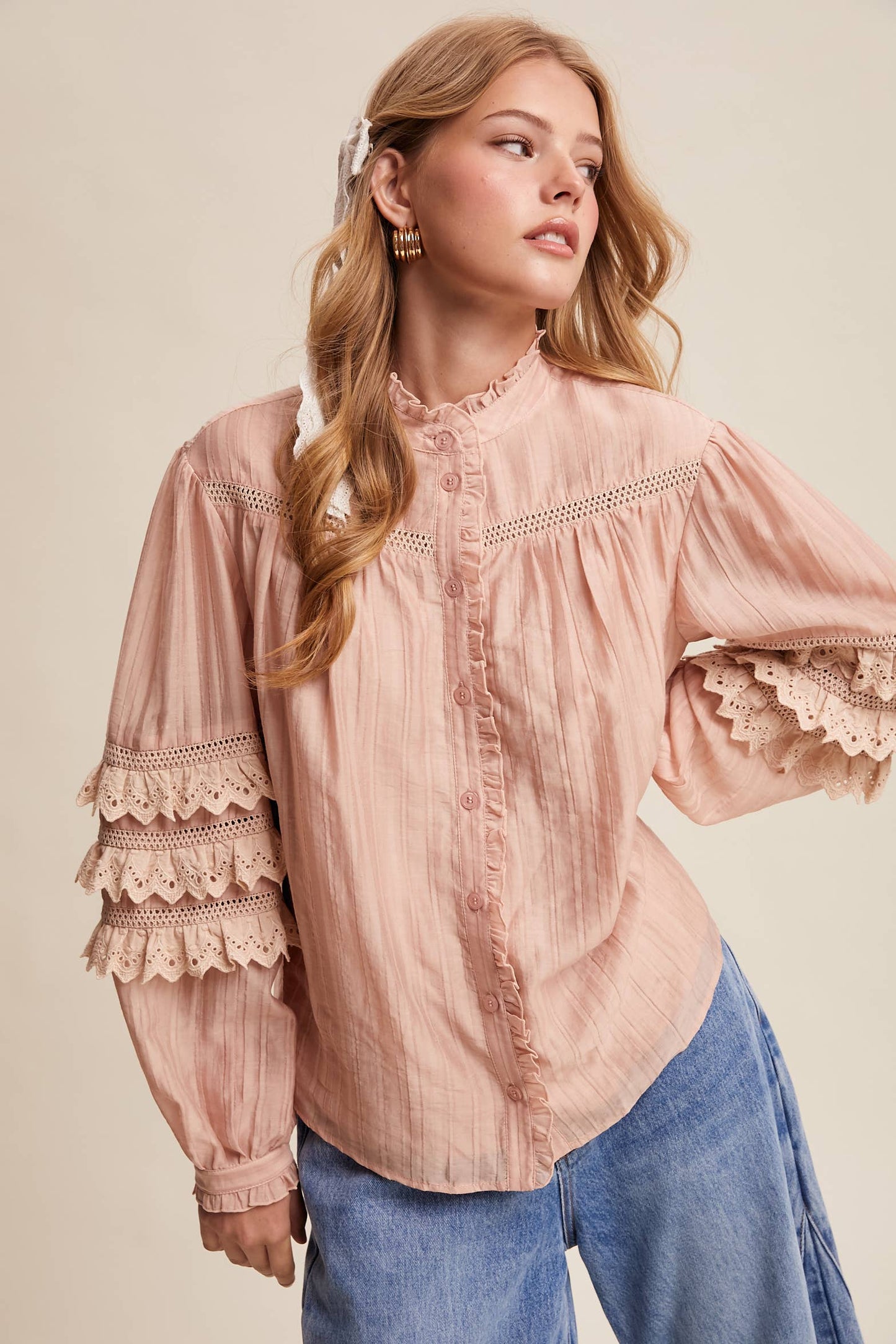 Lace Ruffle Sleeve Pintuck Blouse LT1441