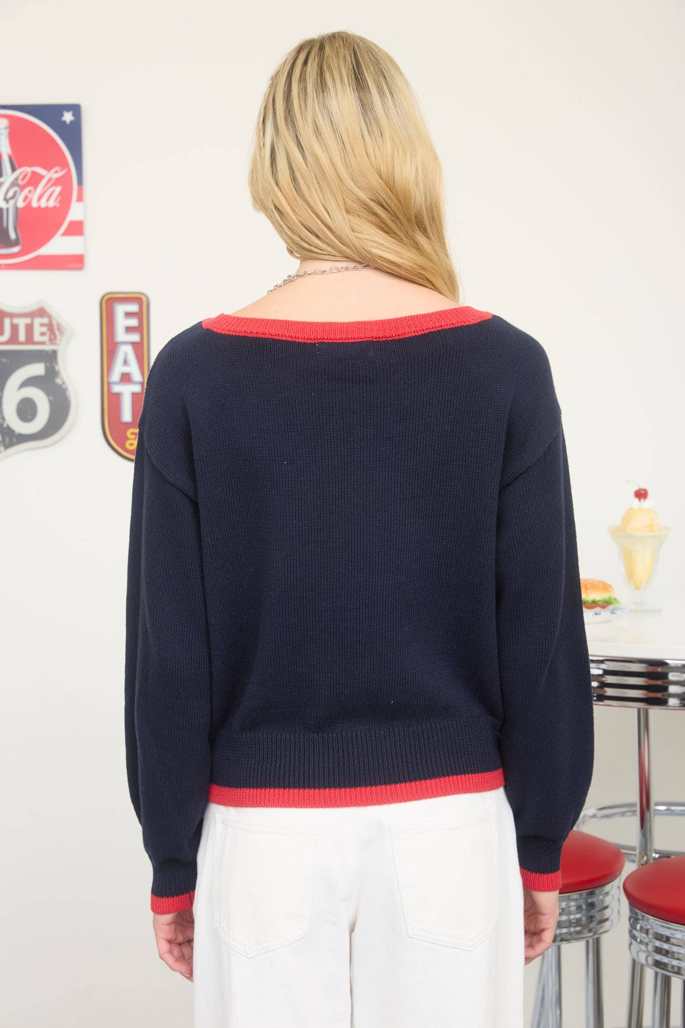 CONTRAST TRIM AMERICAN FLAG KNIT PULLOVER SWEATER