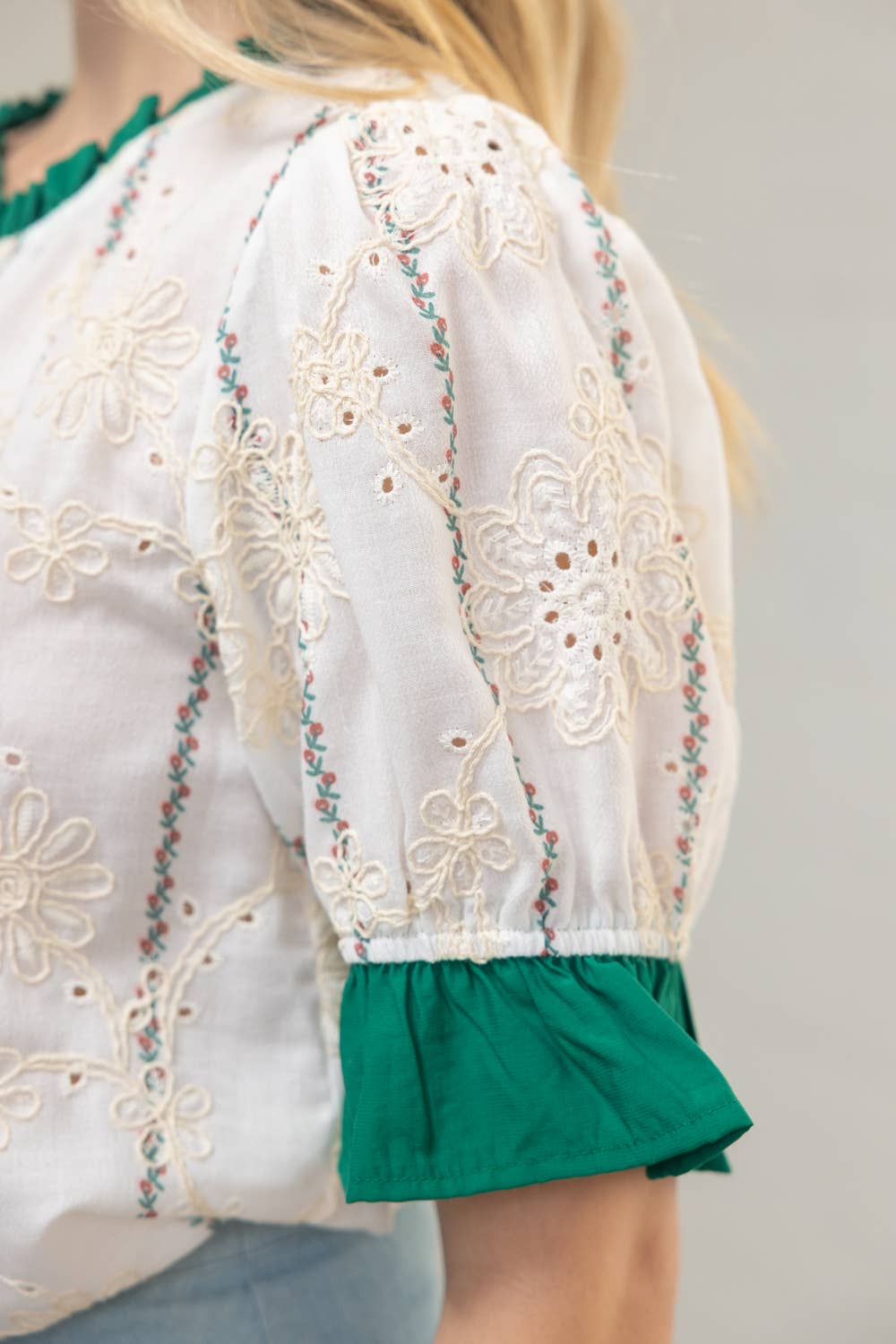 36279 Ruffled Detail Floral Eyelet Embroidered Top