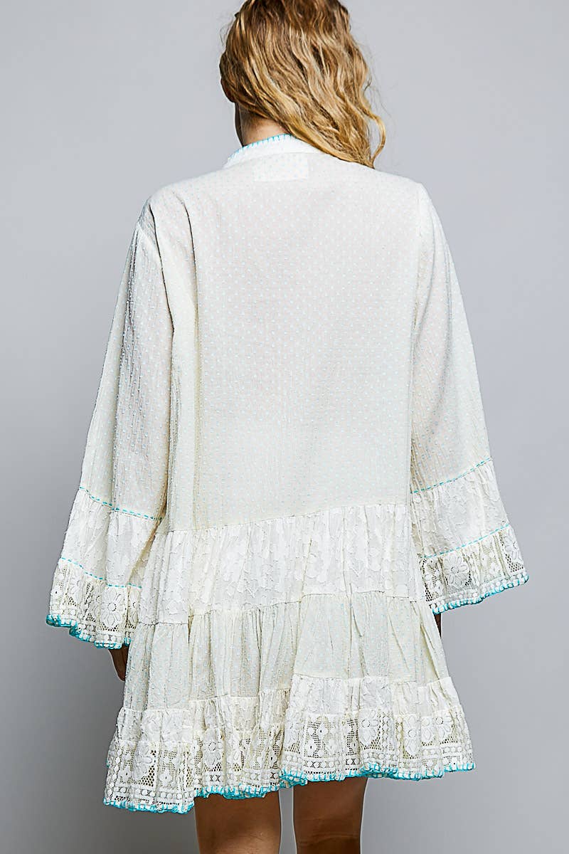 Beaded Embroidered Sheer Sleeve Tiered Dress