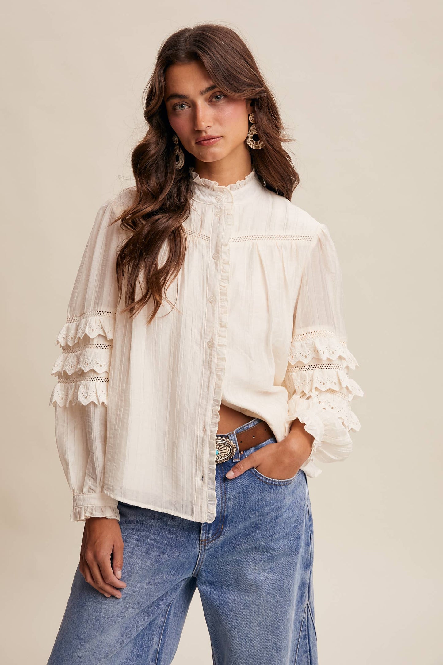 Lace Ruffle Sleeve Pintuck Blouse LT1441