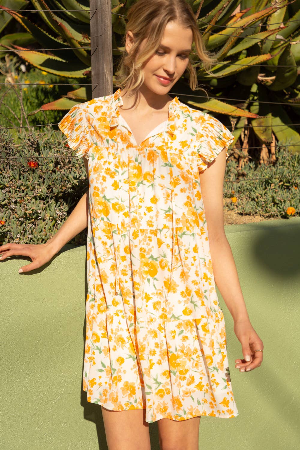 32442-1 Pleated Sleeve Tiered Floral Dress