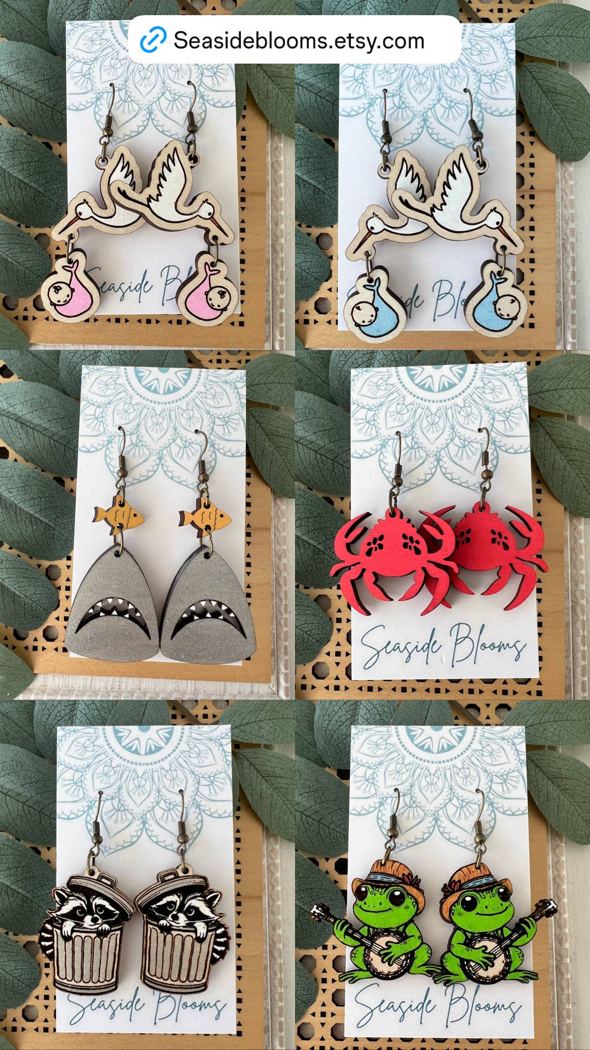 Shark Hand painted lightweight maple wood hoop earrings  