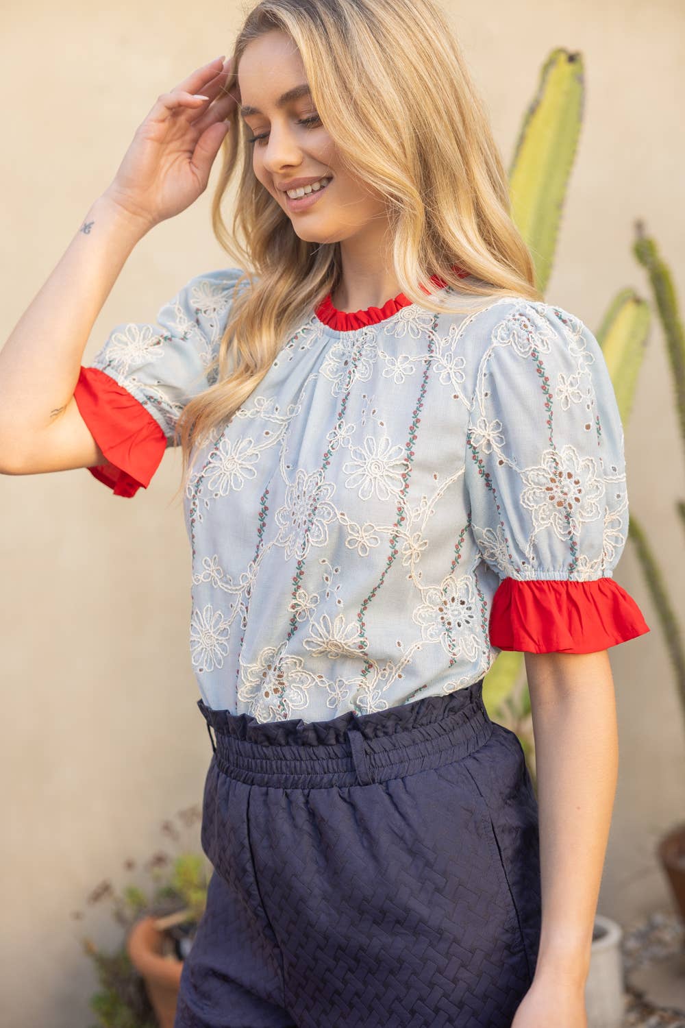 36279 Ruffled Detail Floral Eyelet Embroidered Top