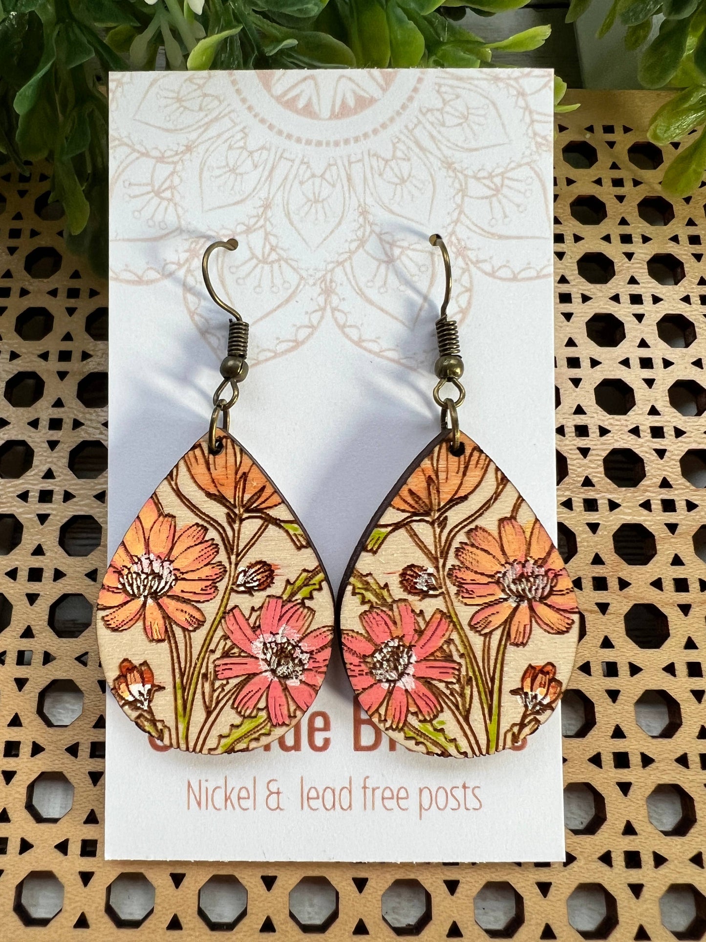 Boho daisy hand painted lightweight wood earrings 