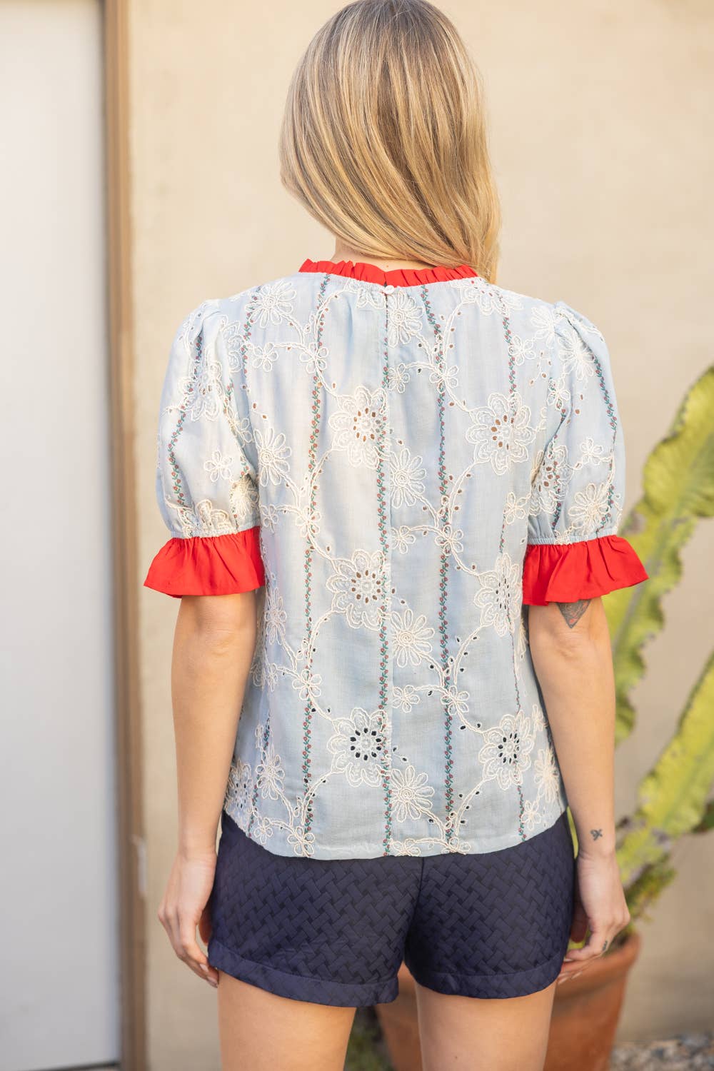 36279 Ruffled Detail Floral Eyelet Embroidered Top
