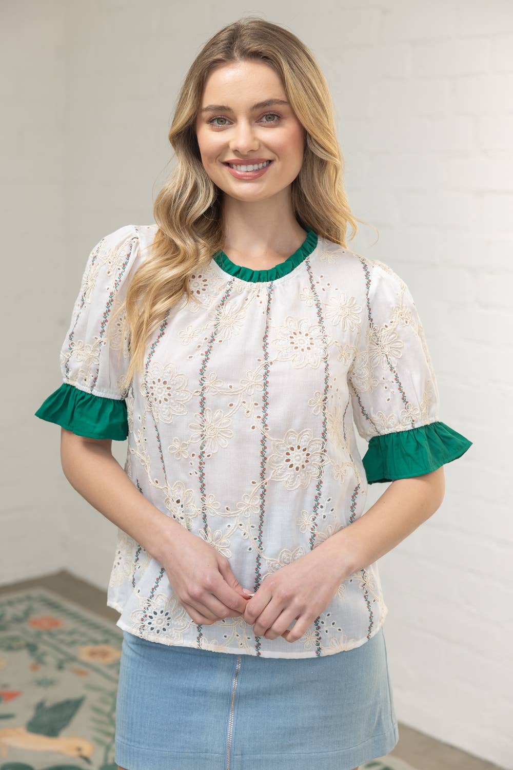 36279 Ruffled Detail Floral Eyelet Embroidered Top