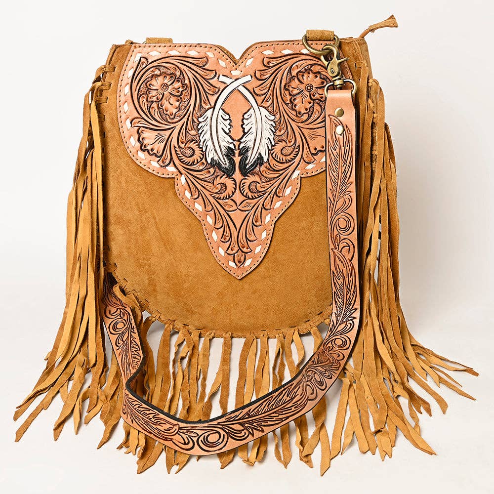American Darling Western Feather Tooled Leather Large Crossbody Bag with Fringe