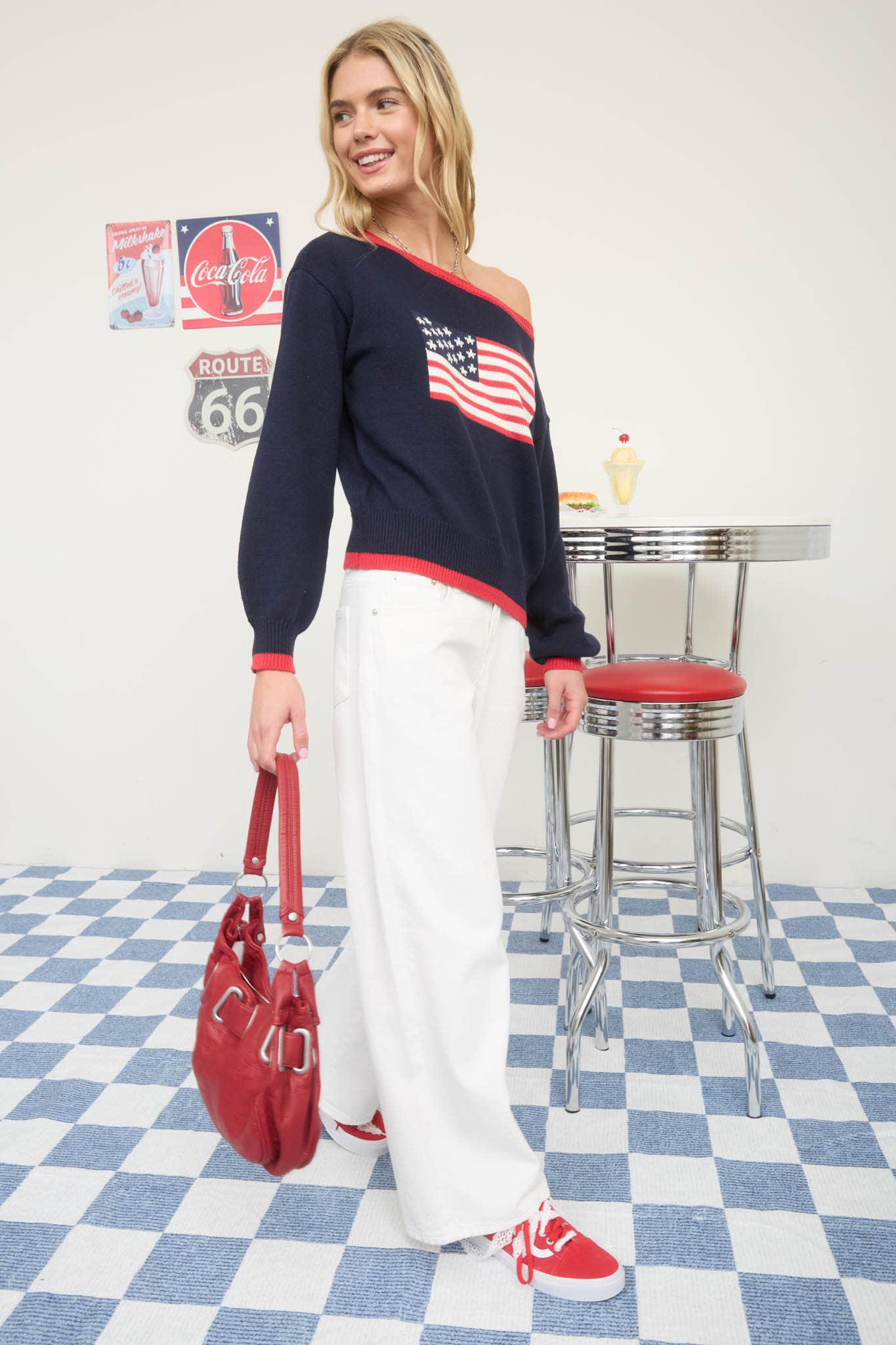 CONTRAST TRIM AMERICAN FLAG KNIT PULLOVER SWEATER