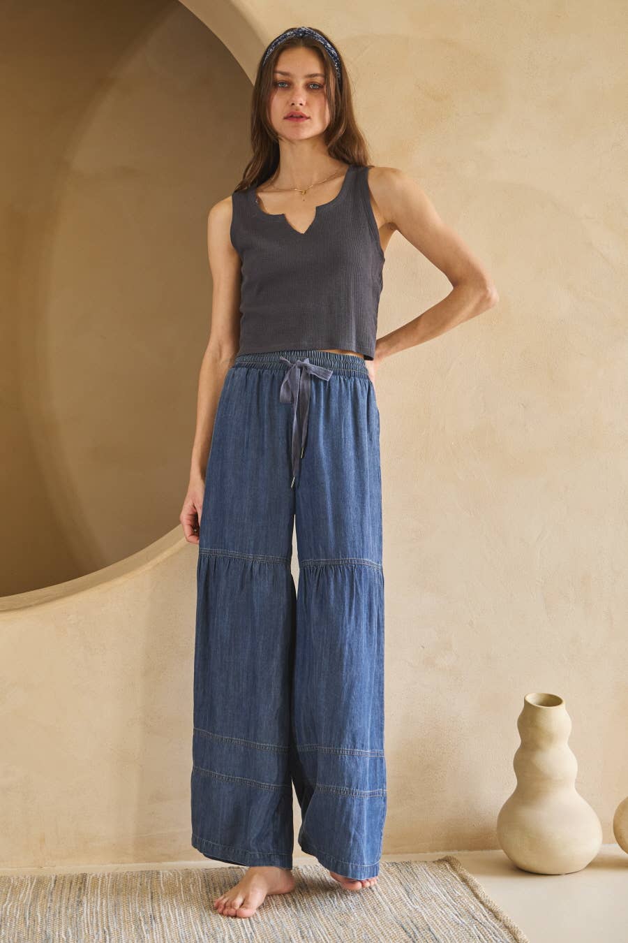 Washed Denim Tiered Wide Leg Pants