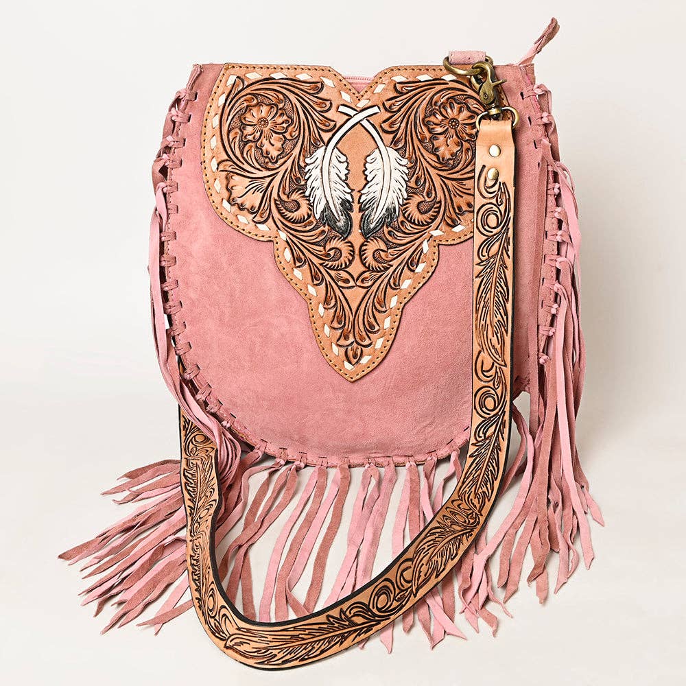 American Darling Western Feather Tooled Leather Large Crossbody Bag with Fringe