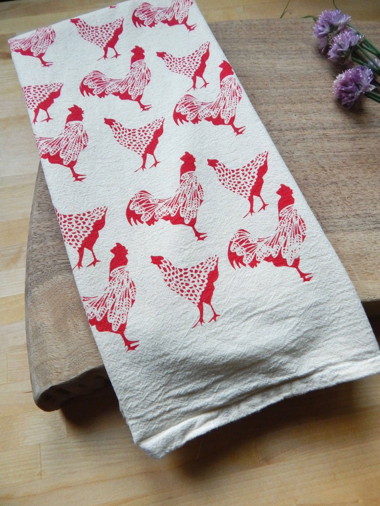 Chicken Kitchen Towel, Handprinted Chicken Tea Towel 