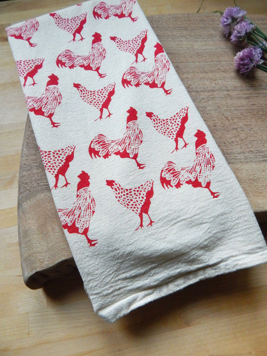 Chicken Kitchen Towel, Handprinted Chicken Tea Towel 