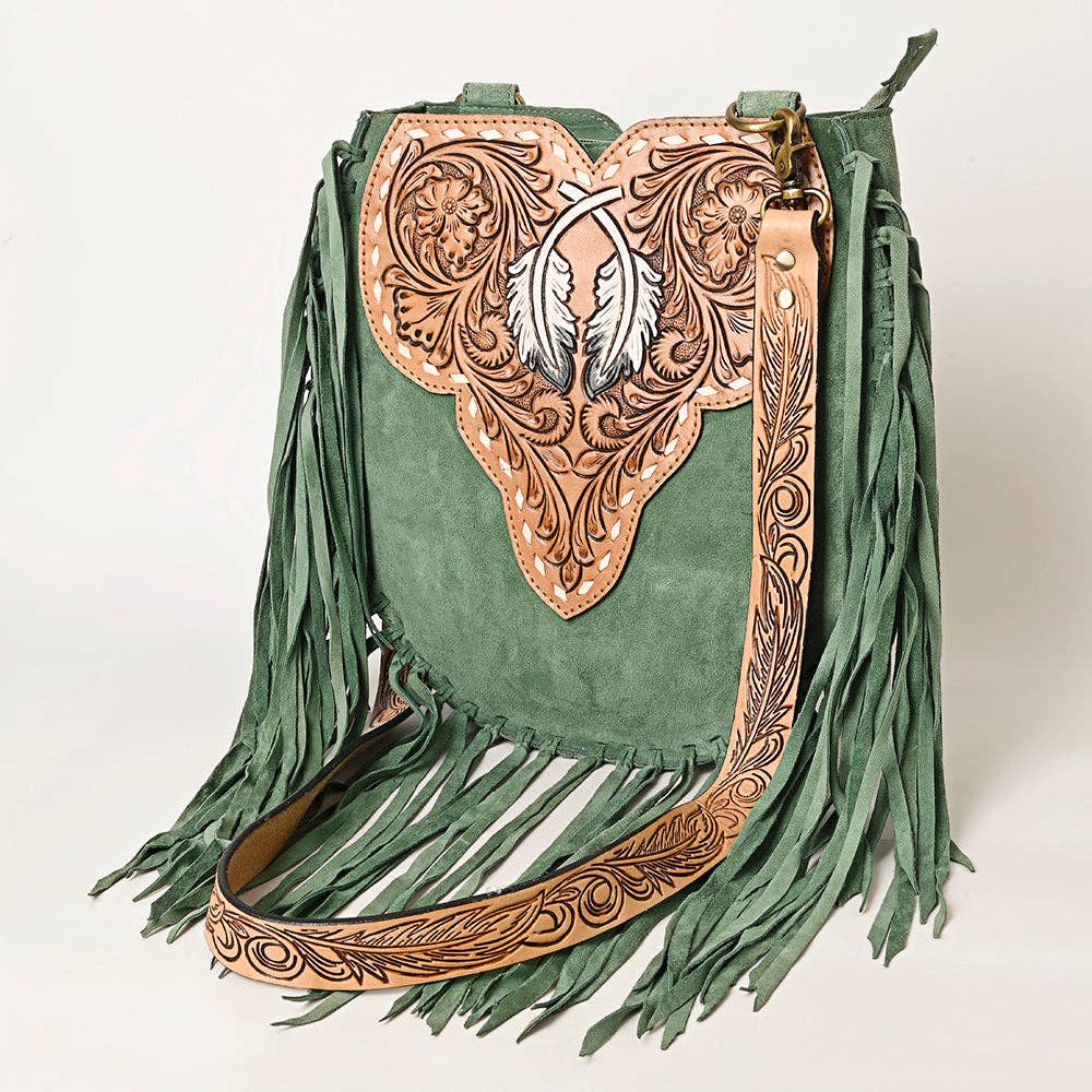 American Darling Western Feather Tooled Leather Large Crossbody Bag with Fringe