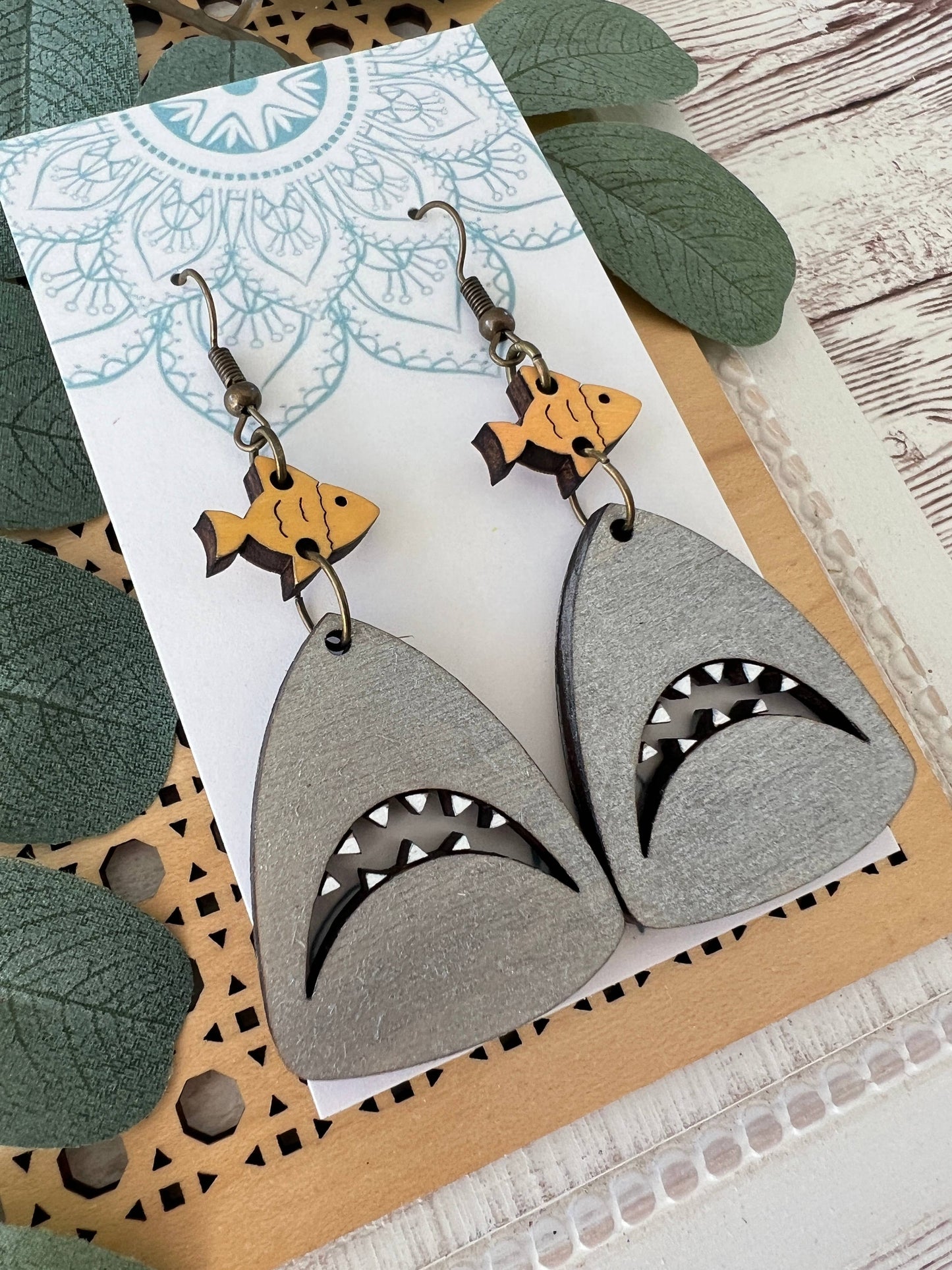 Shark Hand painted lightweight maple wood hoop earrings  