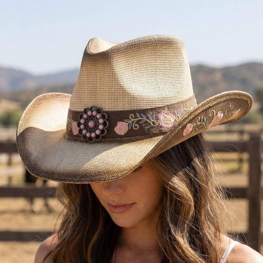 Straw Flower Embroidered Cowboy Hat