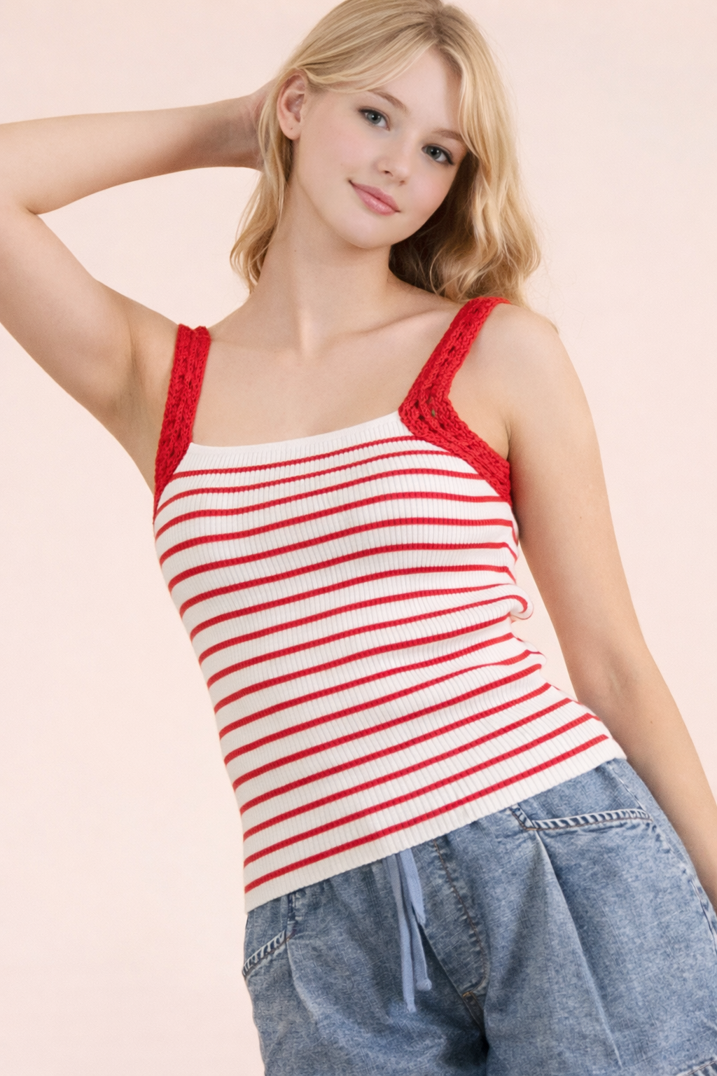 Crochet Sleeve Striped Knit Tank Top