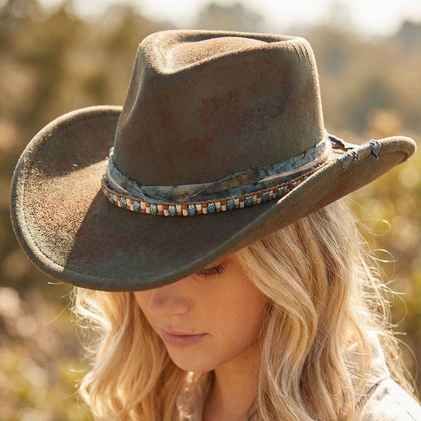 Fabric Beaded Distressed Western Cowboy Hat