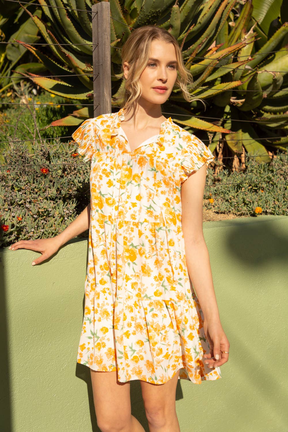 32442-1 Pleated Sleeve Tiered Floral Dress