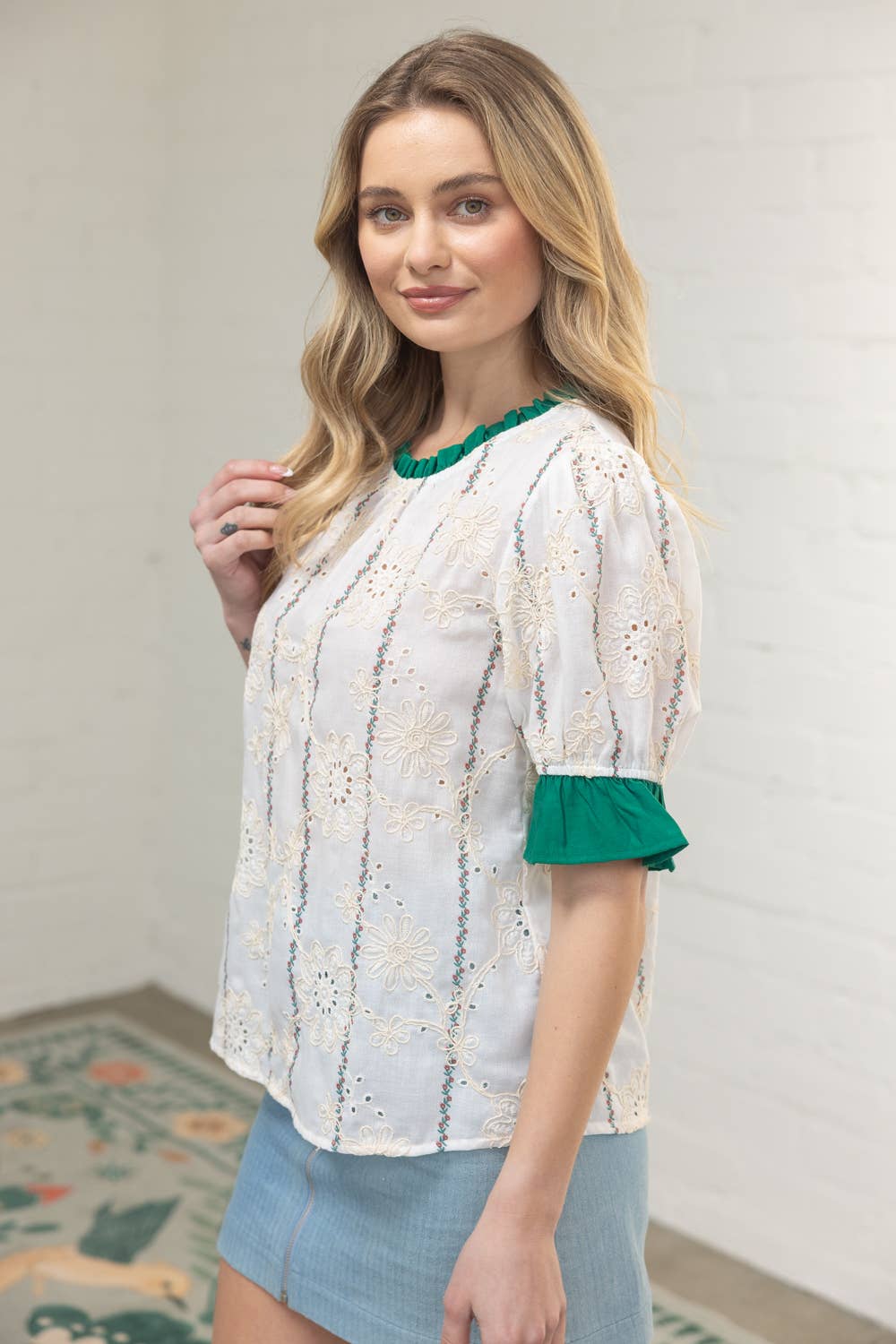 36279 Ruffled Detail Floral Eyelet Embroidered Top