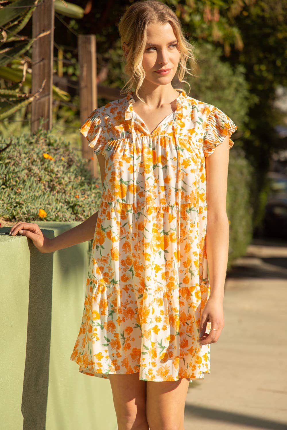 32442-1 Pleated Sleeve Tiered Floral Dress