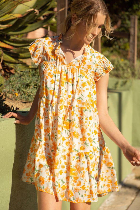 32442-1 Pleated Sleeve Tiered Floral Dress