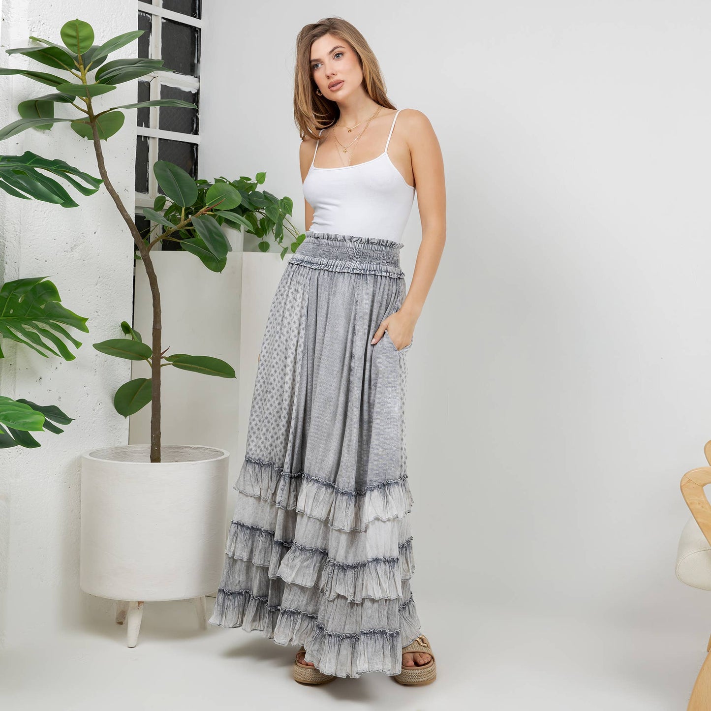 Rustic Textured Smocked Waist Ruffled Tiered Maxi Skirt
