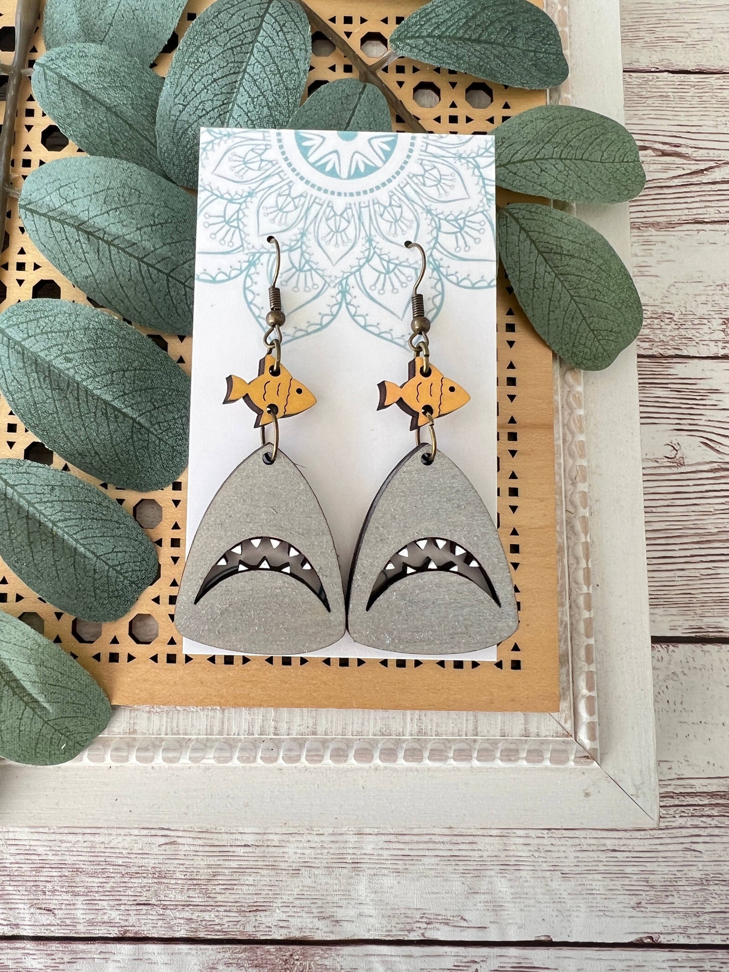 Shark Hand painted lightweight maple wood hoop earrings  
