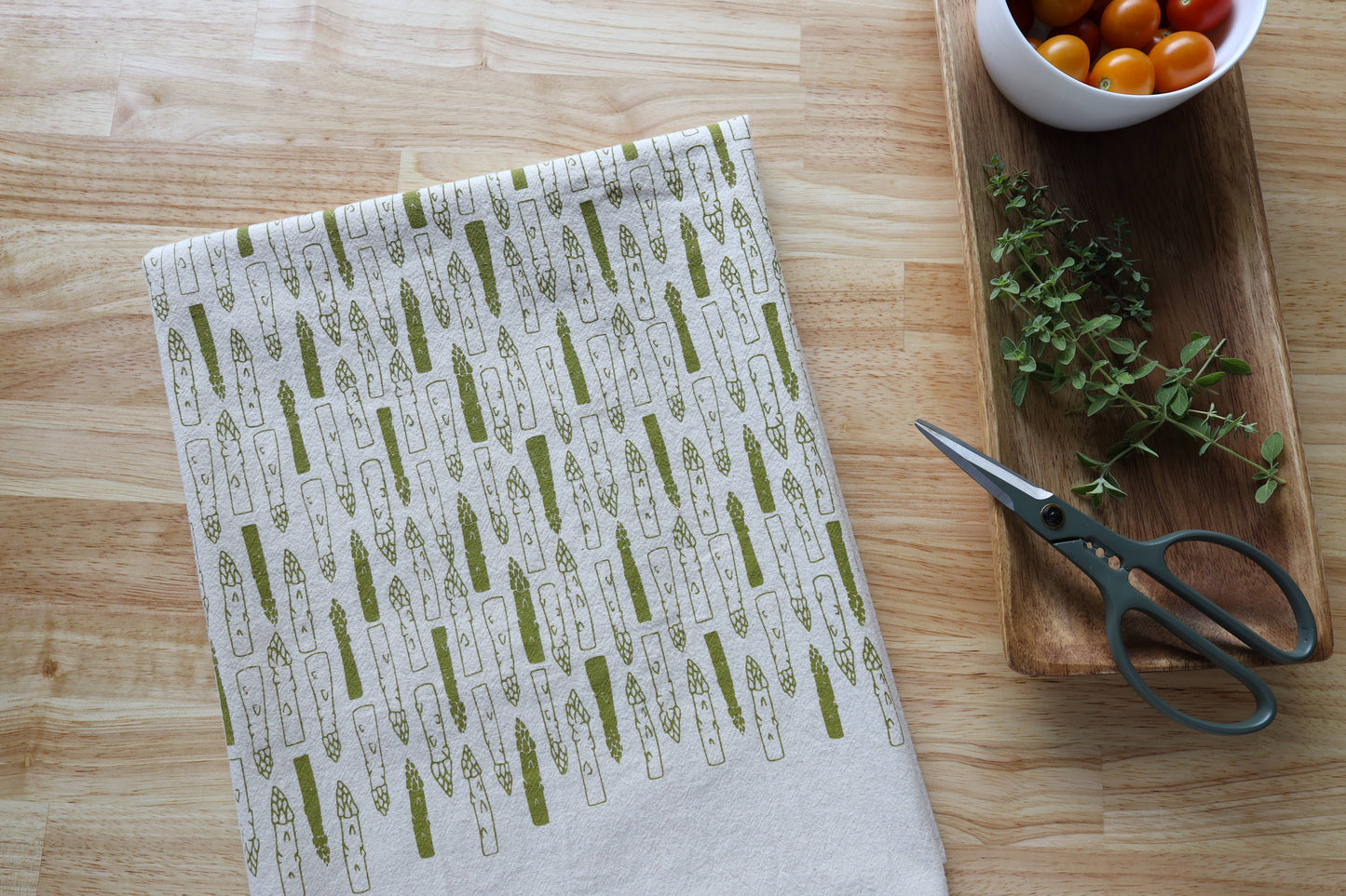 Asparagus Cotton Kitchen Towel, Handprinted Tea Towel
