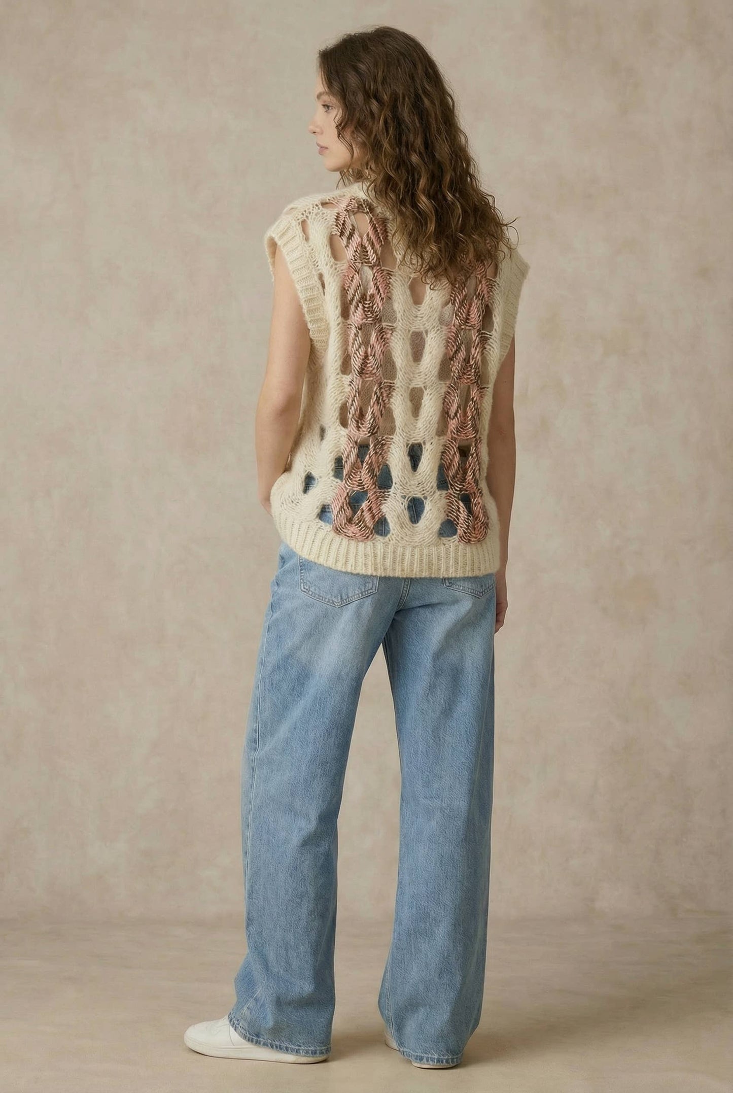 Crochet Knit Top with Floral Appliqué Detailing.