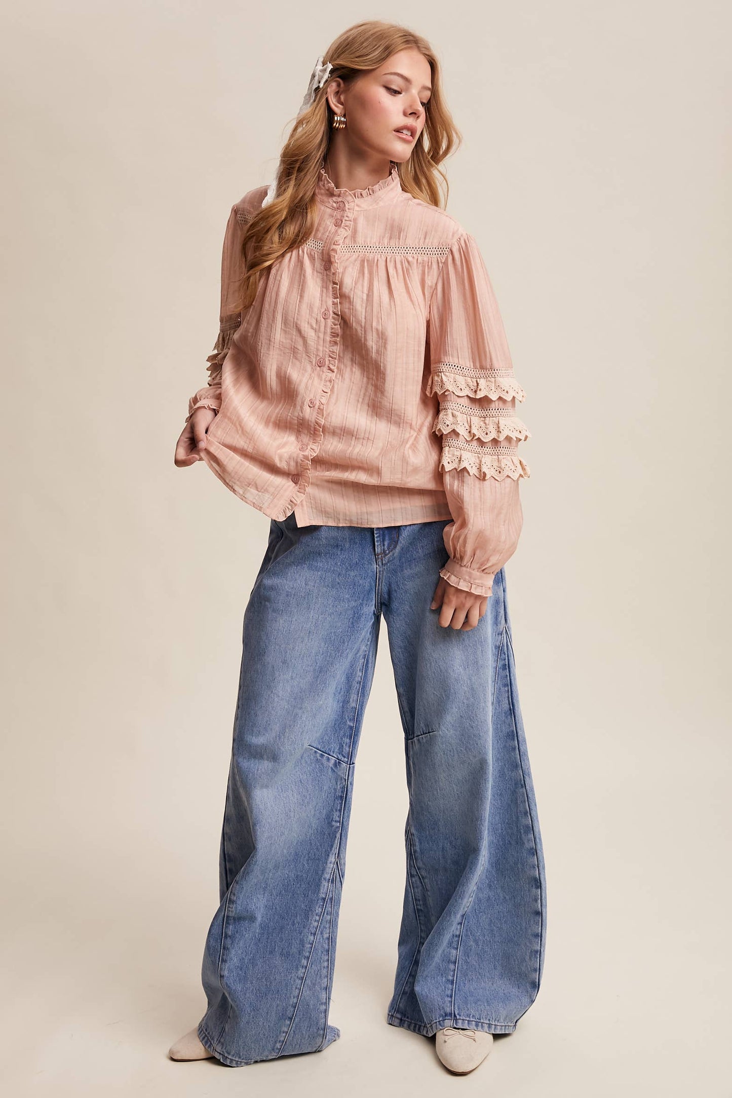 Lace Ruffle Sleeve Pintuck Blouse LT1441