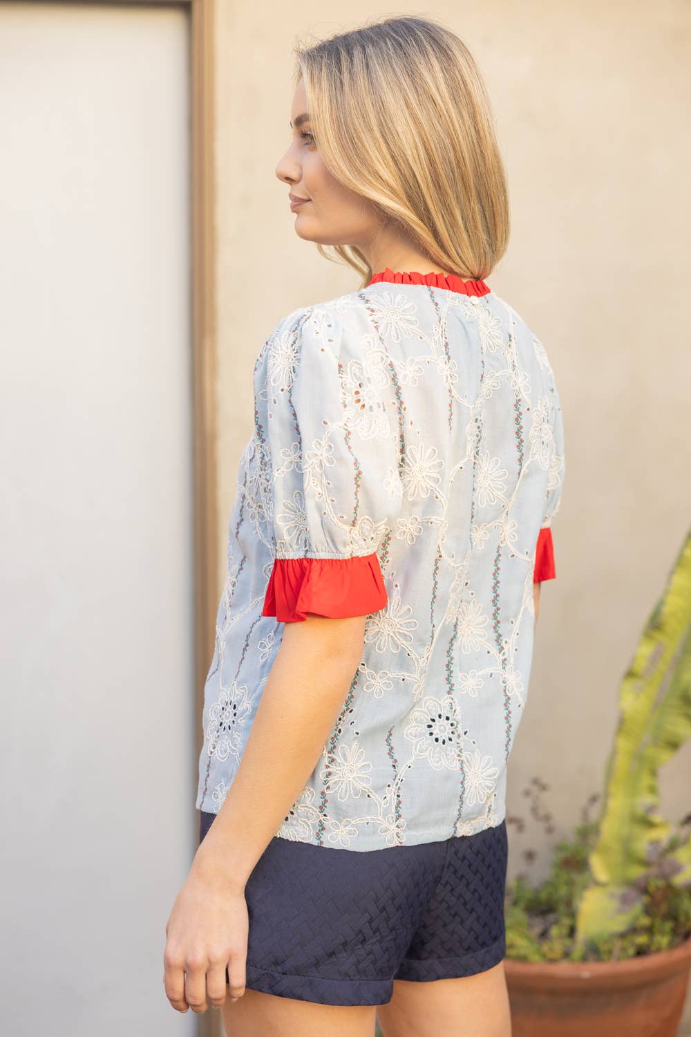 36279 Ruffled Detail Floral Eyelet Embroidered Top