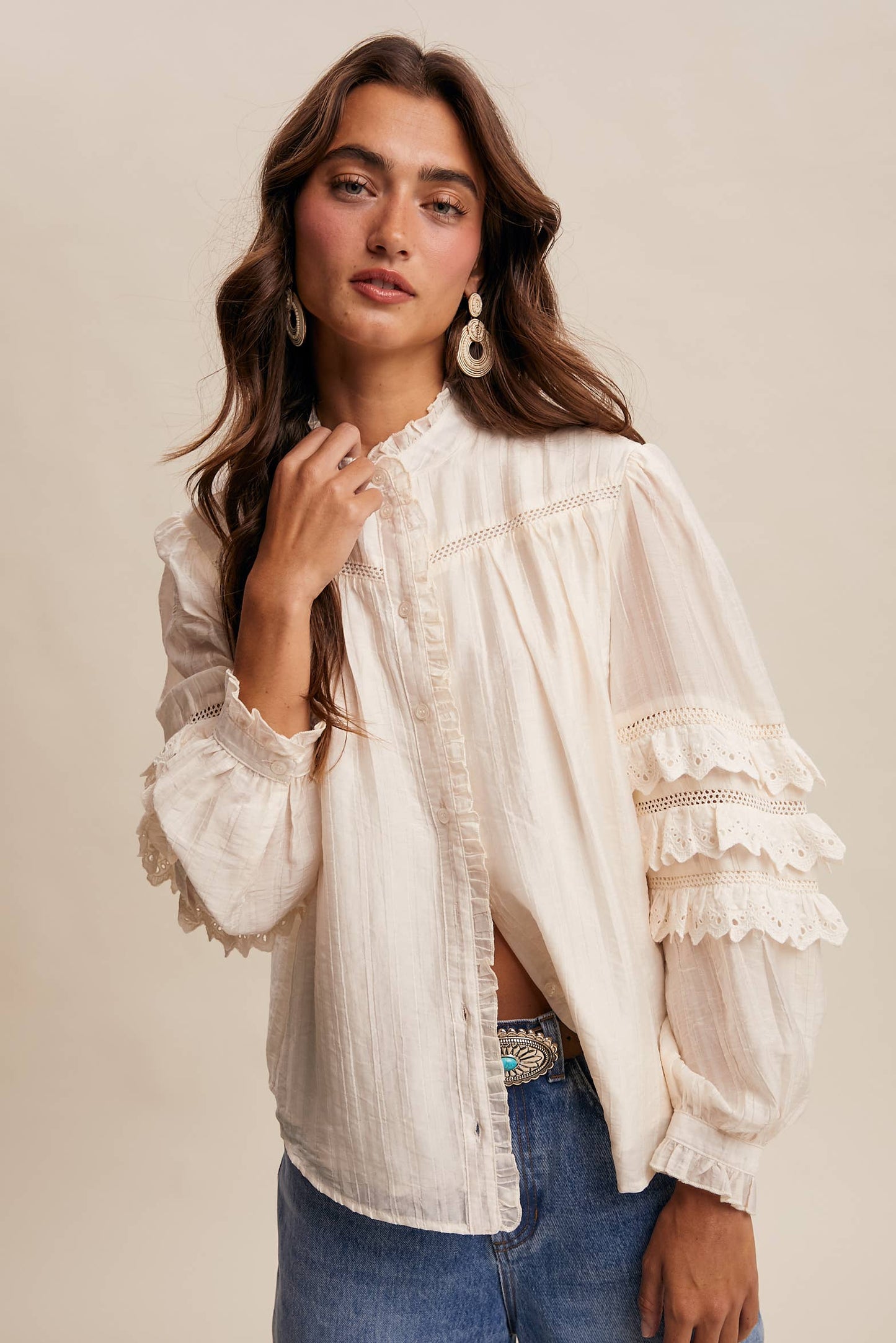 Lace Ruffle Sleeve Pintuck Blouse LT1441