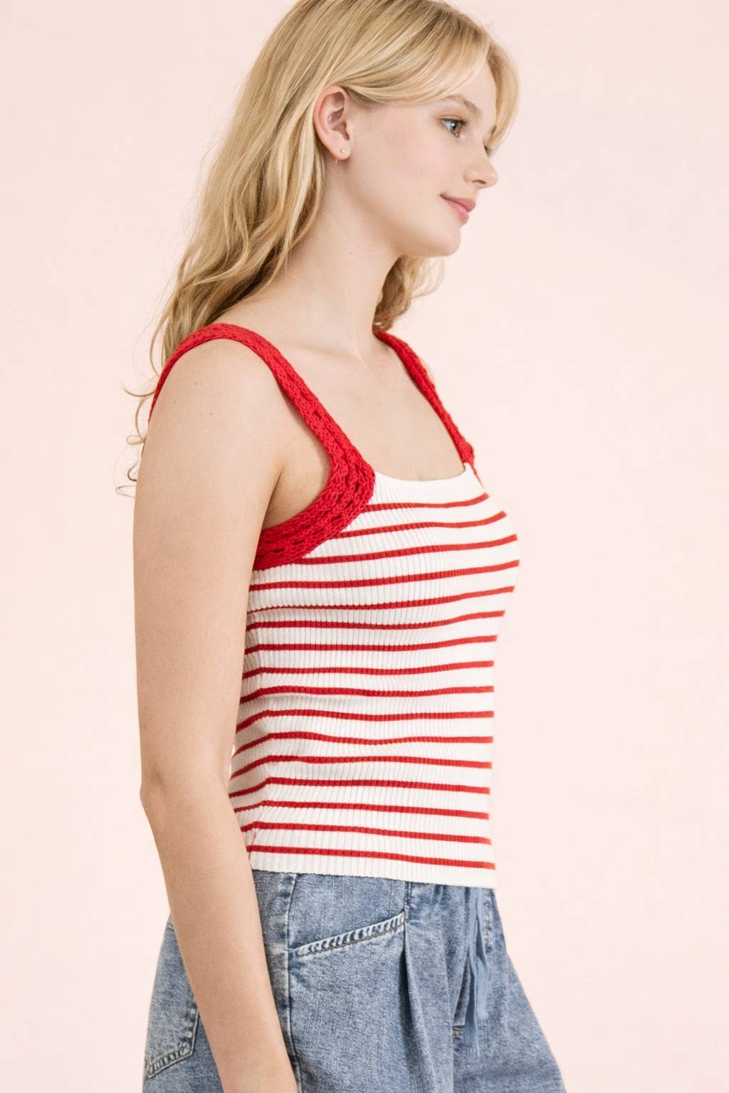 Crochet Sleeve Striped Knit Tank Top