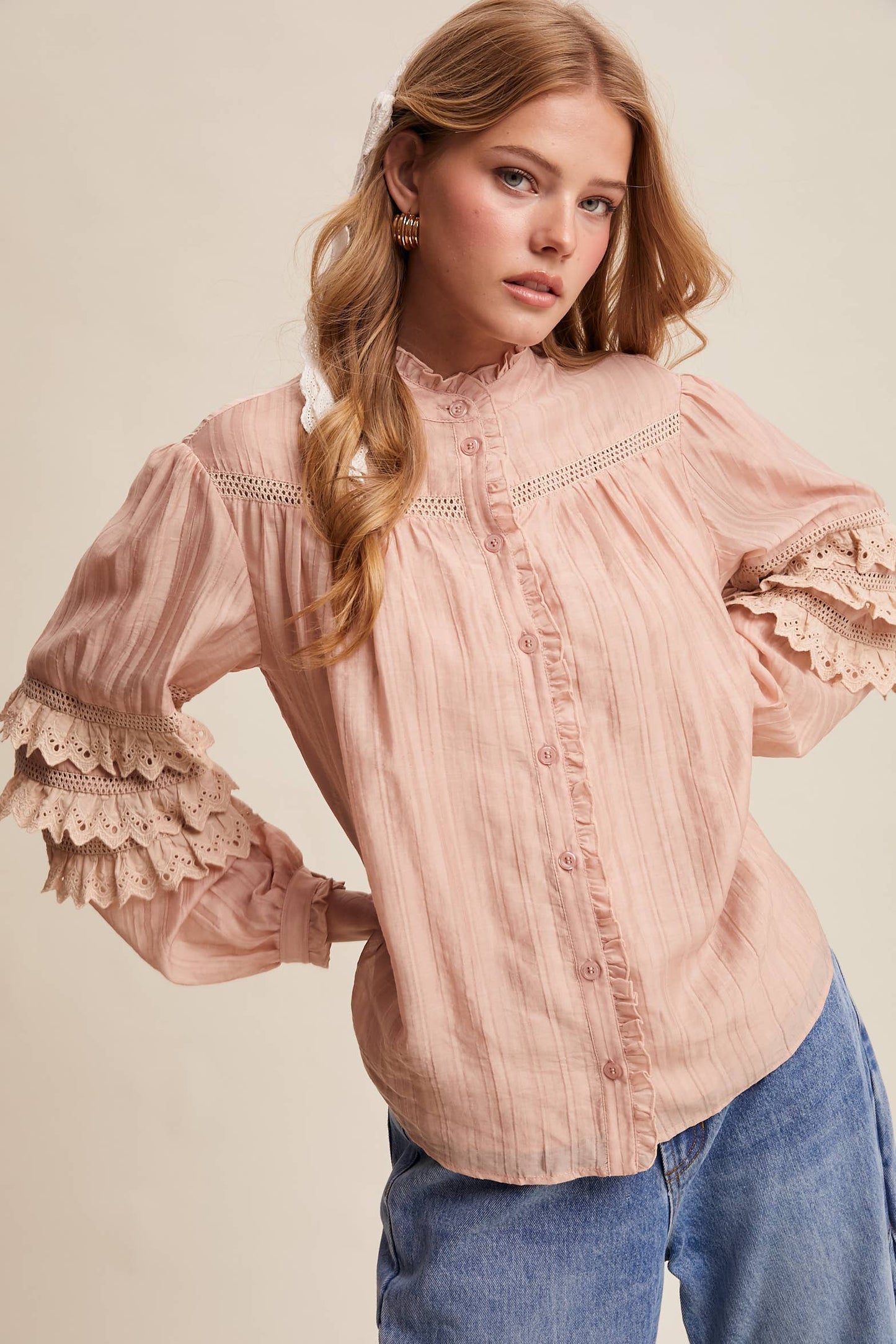 Lace Ruffle Sleeve Pintuck Blouse LT1441