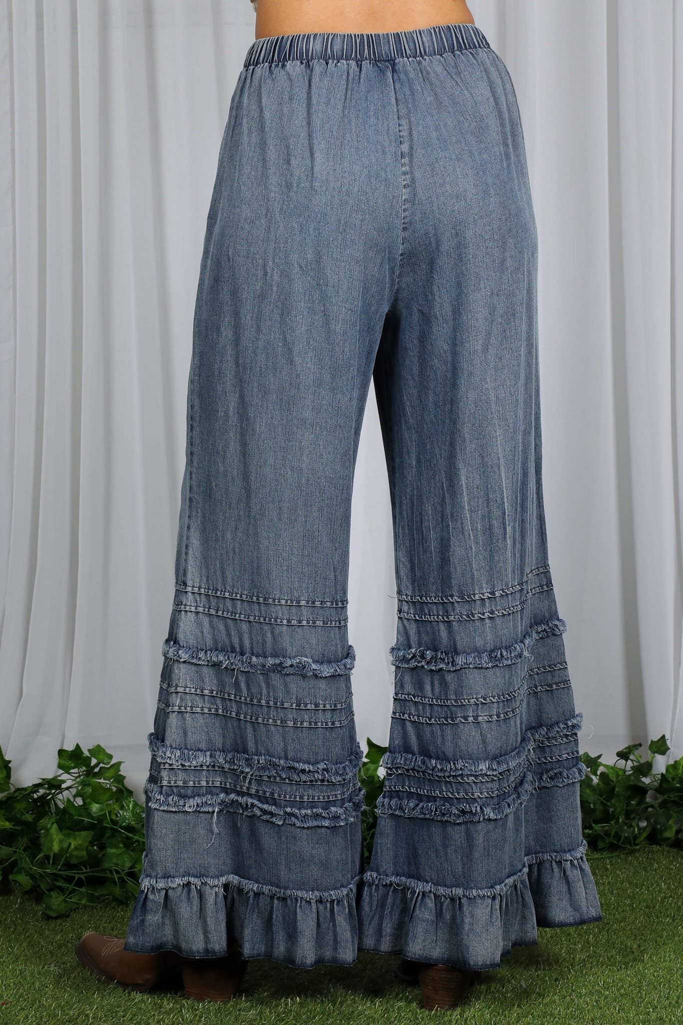 Flared Ruffle Hem Washed Chambray Crop Denim Pants